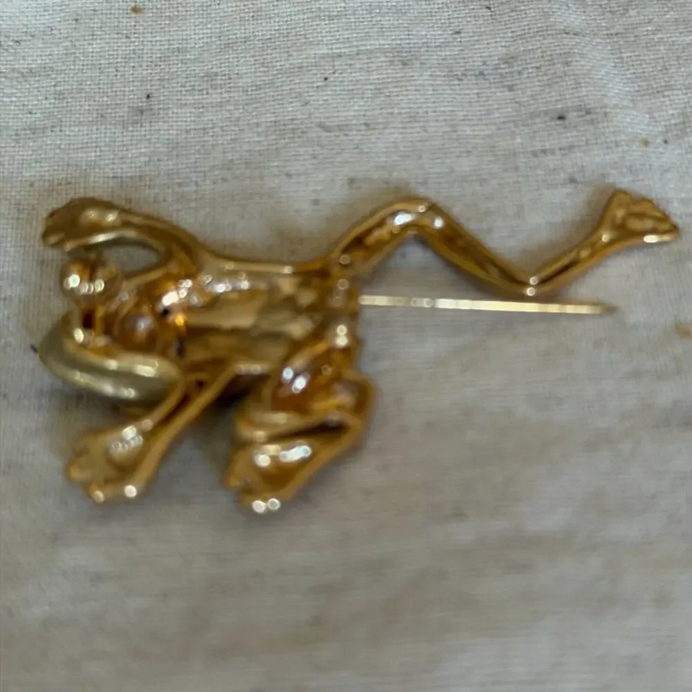 Vintage Gold Frog Brooch with Blue and Red Accents